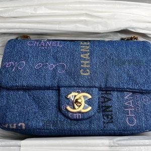 **NOT FOR SALE** Chanel 22P Blue Denim Mini Rectangular Crossbody Bag Gold